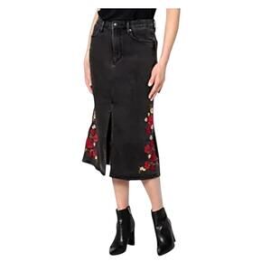 Driftwood Embroidered Piper black washed midi jean skirt with embroidery Size 16